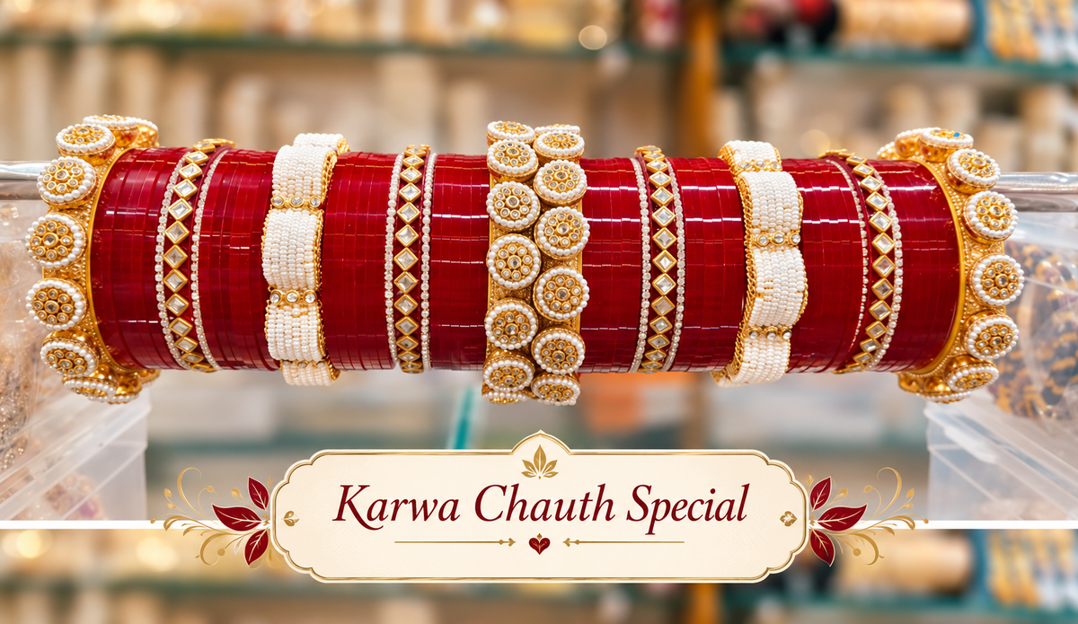 Royal Rajputi chooda for Karwa Chauth with red bangles, gold Kundan-style detailing and pearl accents