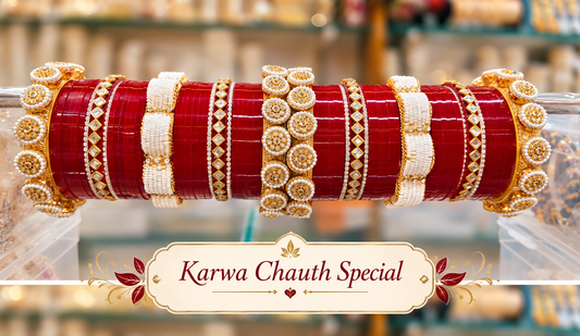 Royal Rajputi chooda for Karwa Chauth with red bangles, gold Kundan-style detailing and pearl accents