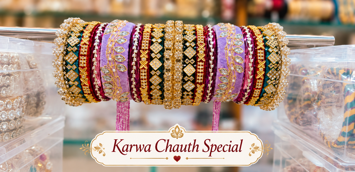Designer Rajputi chooda for Karwa Chauth with multicolor bridal bangles and gold detailing
