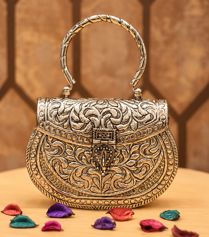 German Silver Antique Embossed Metal Clutch Bag | Floral Carved Bridal & Festive Purse