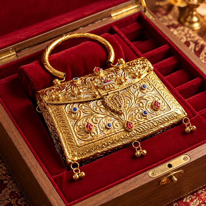 Pachi Kundan antique gold brass clutch purse for wedding