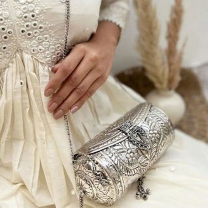 Royal silver brass clutch bag with long sling chain