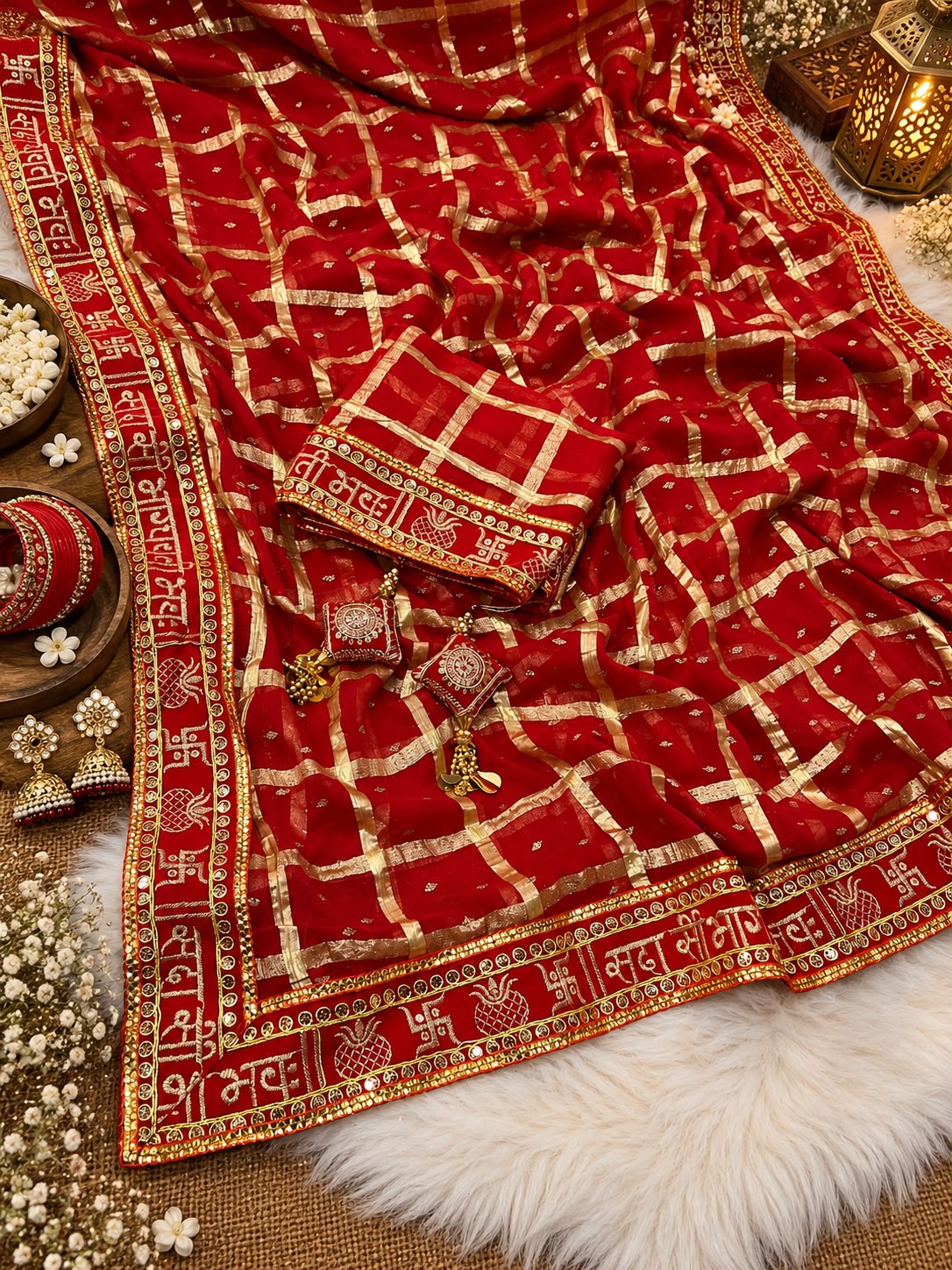 Sada Saubhagyawati Bhava checks saree with foil zari work and tassels