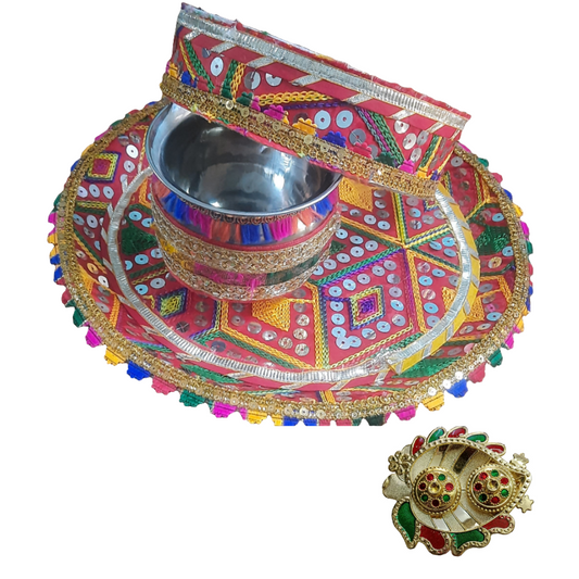 Sequence embroidery work karwa chauth puja thali set 🌹  steel  12*inch  free gift rolli chawal platter size 4* inch