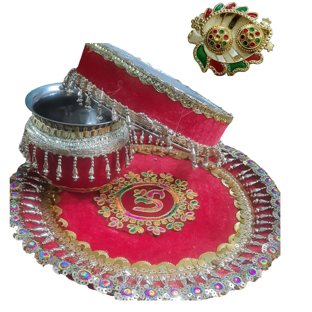 Embroidery sequence pearl stone 🕉 design Handcrafted traditional karwa chauth puja thali 🌹free gift rolli chawal platter 💫