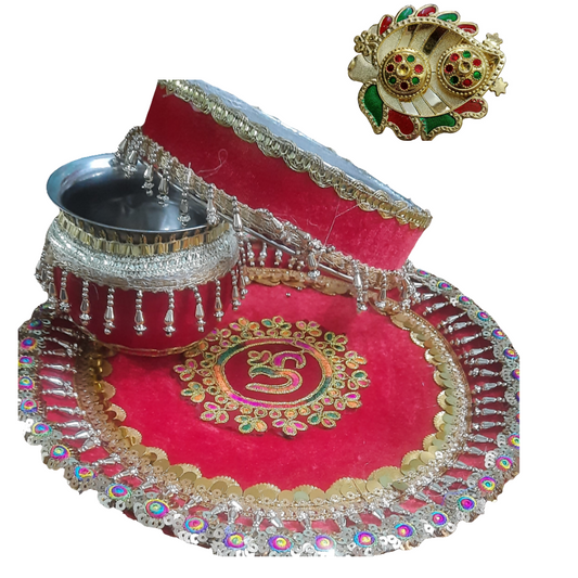Embroidery sequence pearl stone 🕉 design Handcrafted traditional karwa chauth puja thali 🌹free gift rolli chawal platter 💫