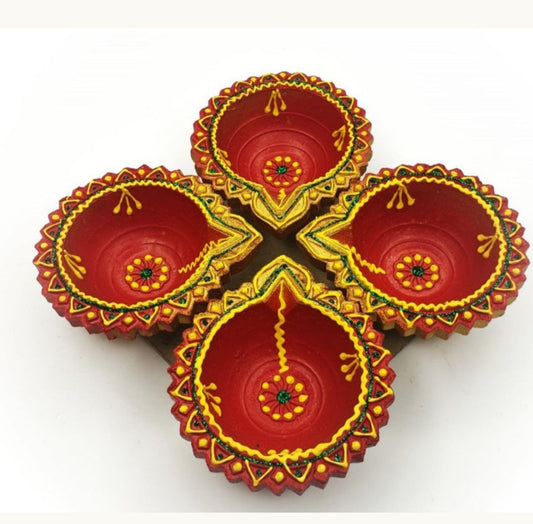 Beautiful Rich Red Festival Flare mitti(terracotta ) diya  (4 Pieces)🪔