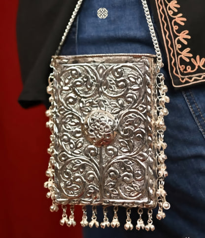 Antique brass mobile sling bag with elegant traditional design