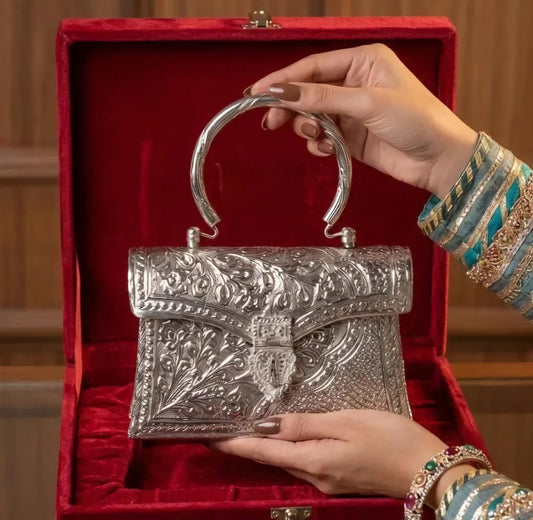 Antique brass silver heritage clutch bag with vintage ethnic detailing