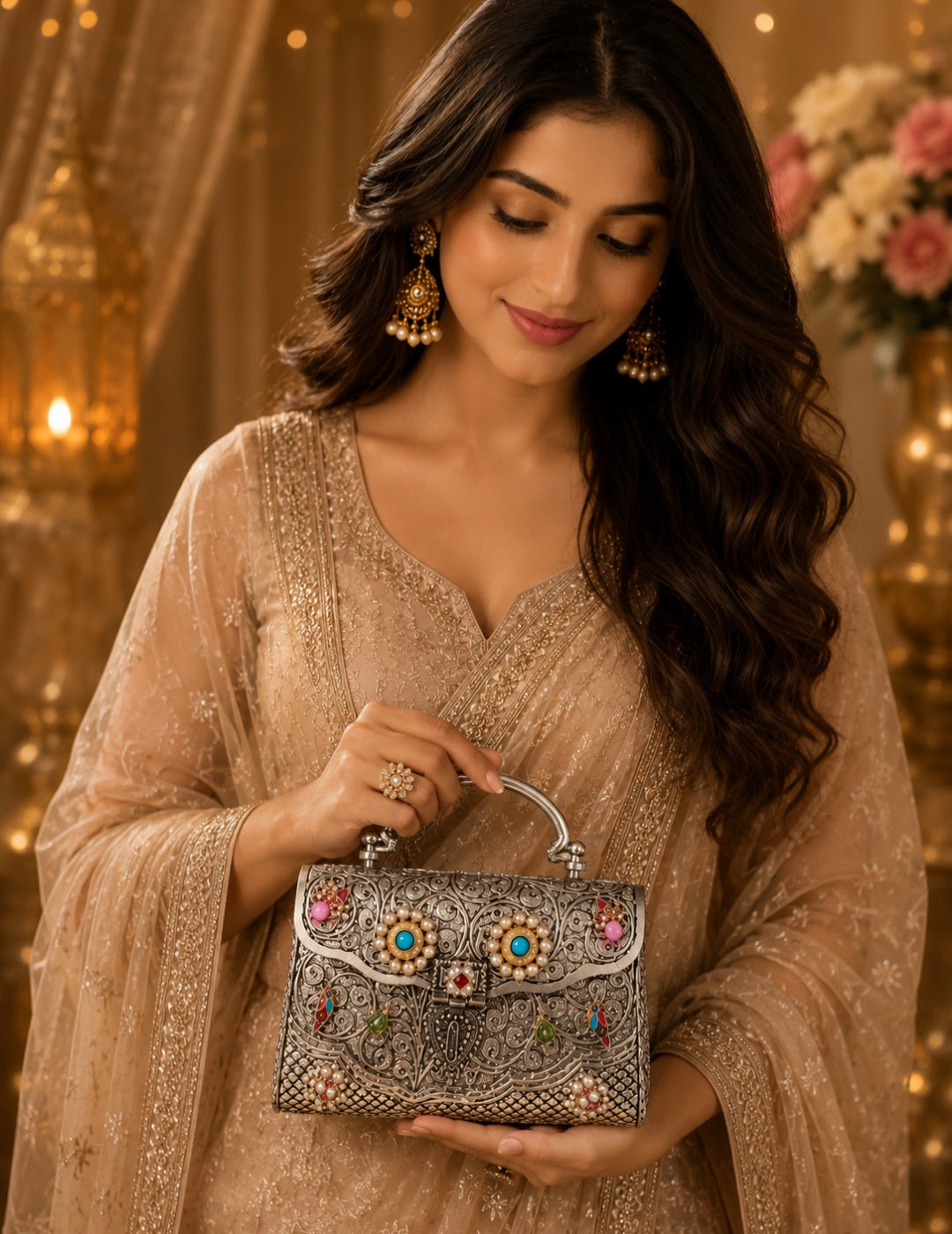 Antique brass wedding clutch with pearl detailing