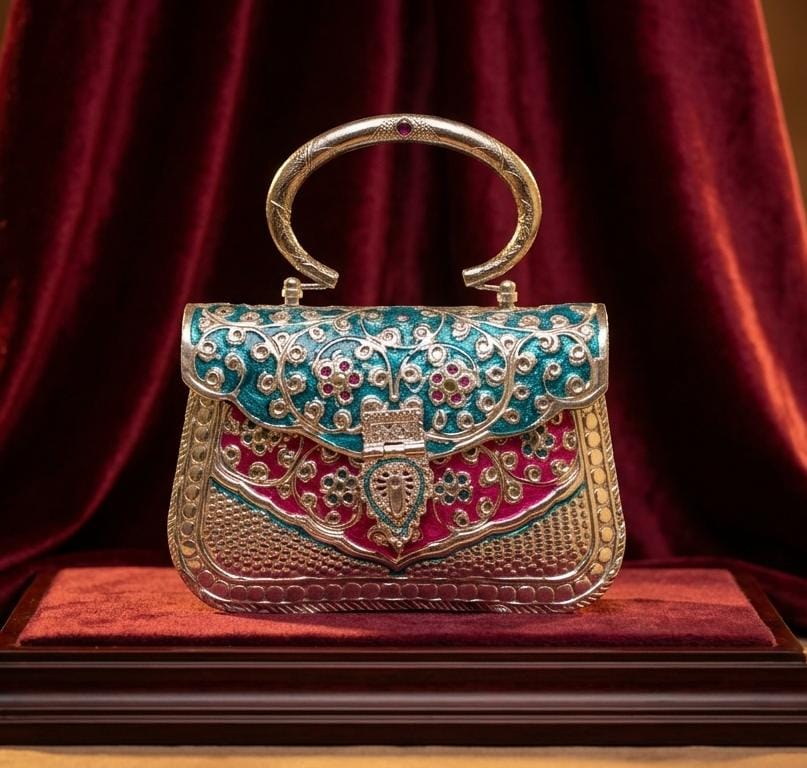 Close-up of blue and pink Meenakari floral detailing and Kundan embellishments on an antique brass clutch