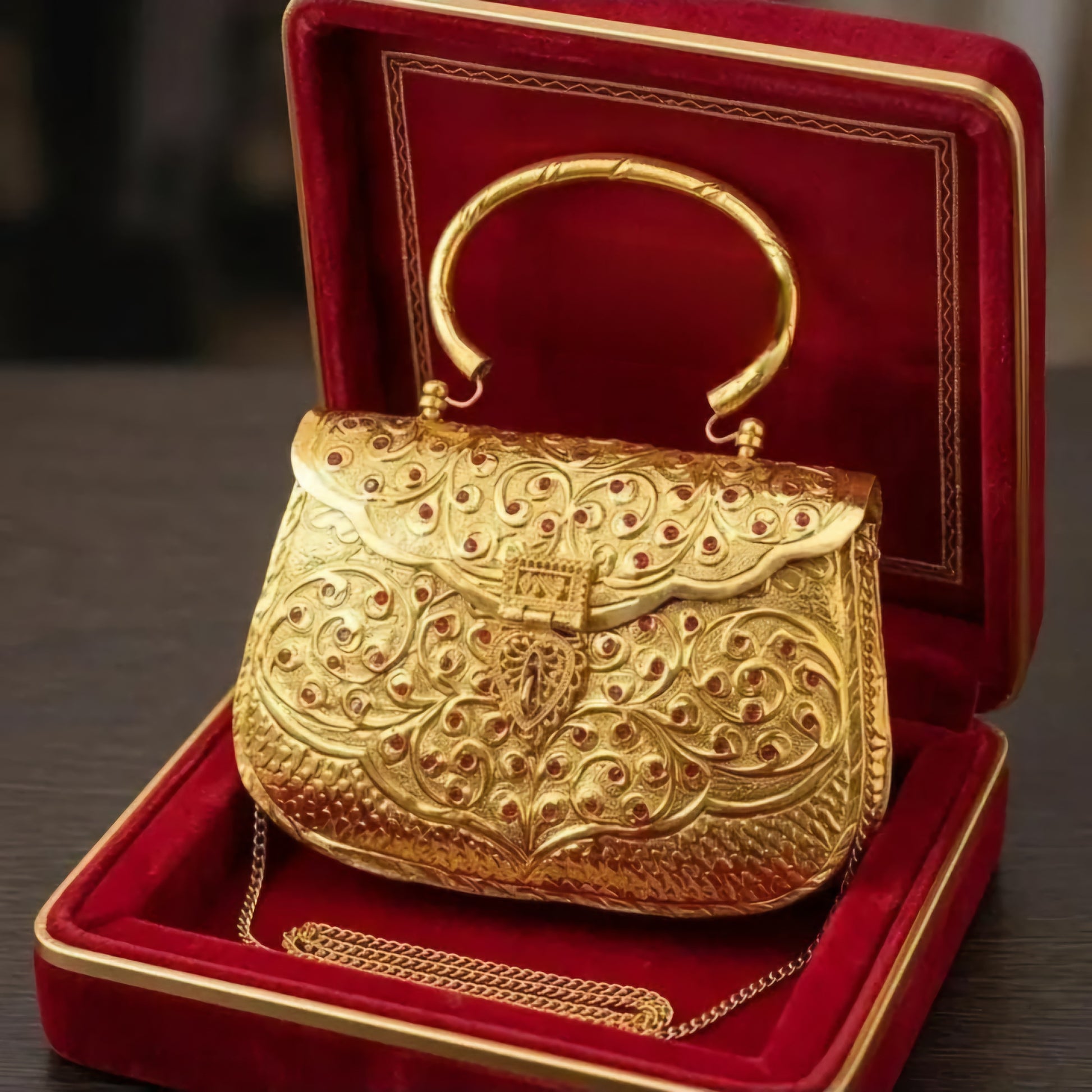 Antique gold brass clutch with intricate Kundan Meena detailing