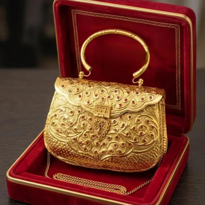Antique gold brass clutch with intricate Kundan Meena detailing