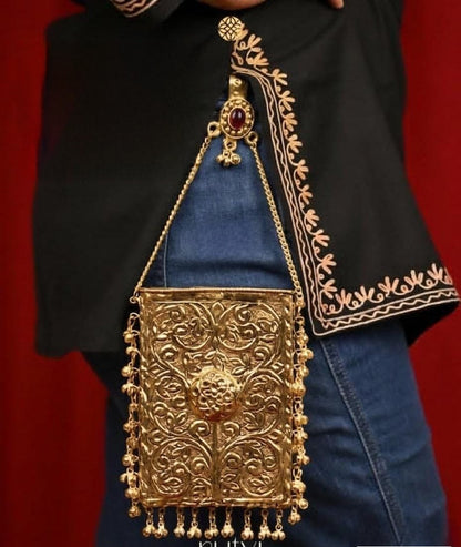 Antique gold brass mobile clutch with elegant Meena finish