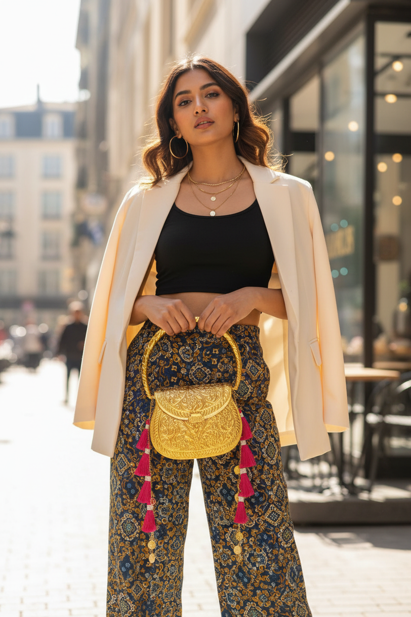 Antique gold floral brass clutch with traditional engraved design