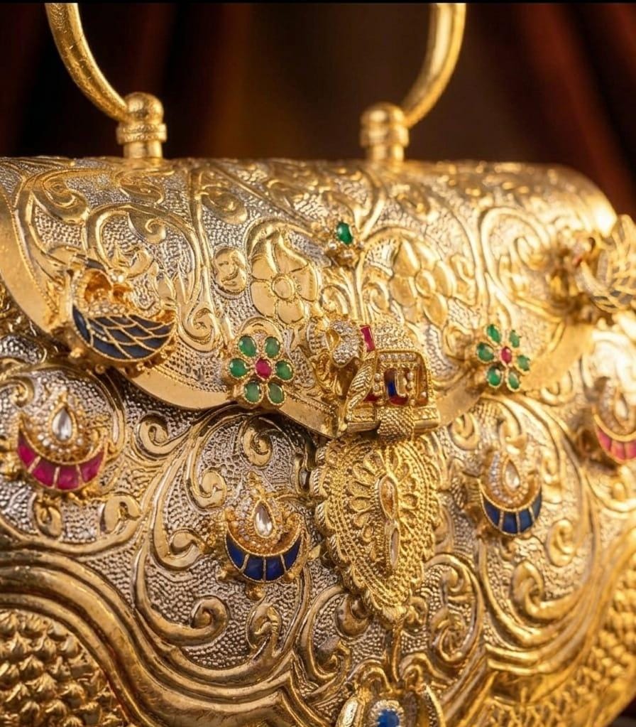 Front view of an antique gold metal clutch featuring ornate floral engravings, colourful stone accents and a black velvet interior.