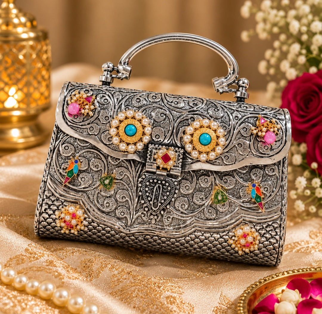 Antique luxury brass clutch with pearl and stone embellishments