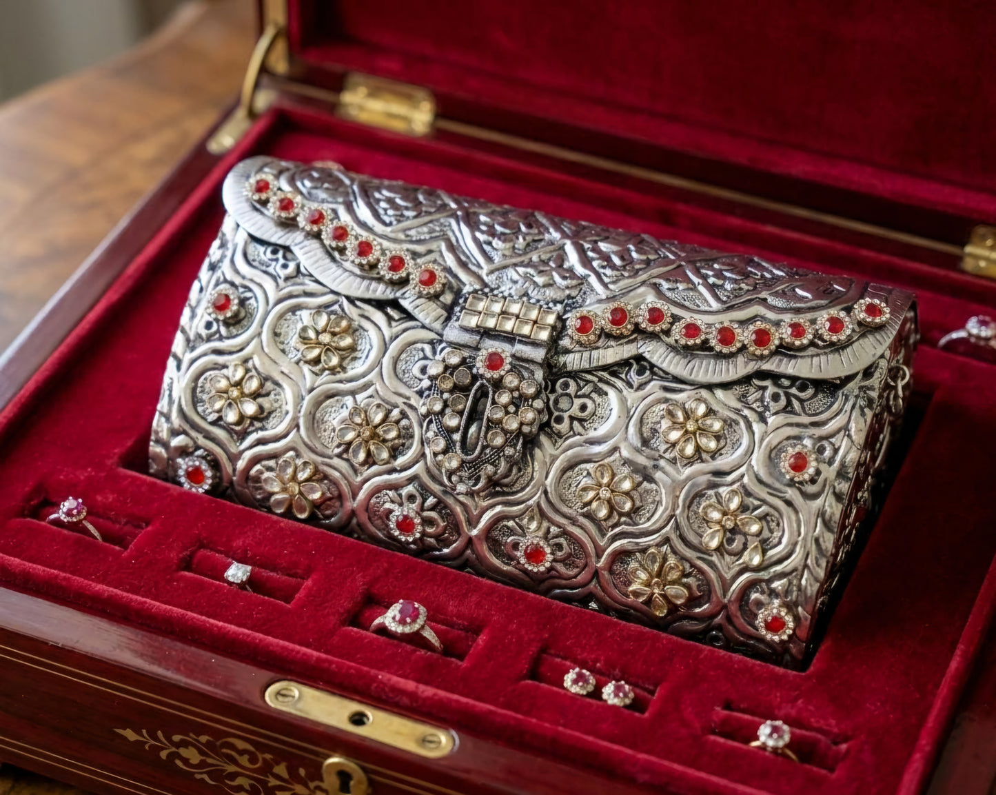 Antique silver brass clutch with red Meena Kundan and Glass Kundan work