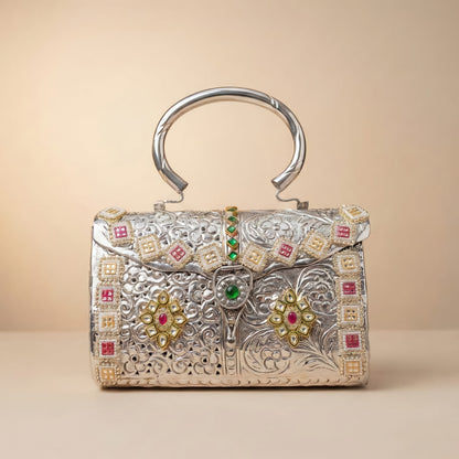 Antique silver brass clutch styled for wedding and festive occasions