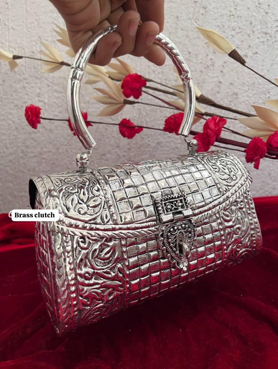 Antique silver brass ethnic clutch bag for women