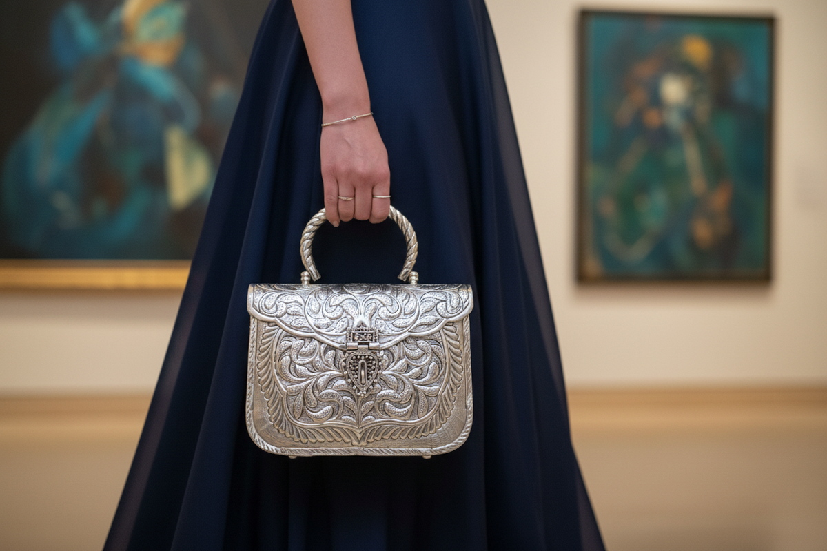 Antique silver brass ethnic handbag for women