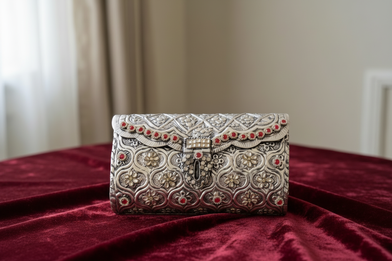 Antique silver brass sling clutch purse for women with long chain