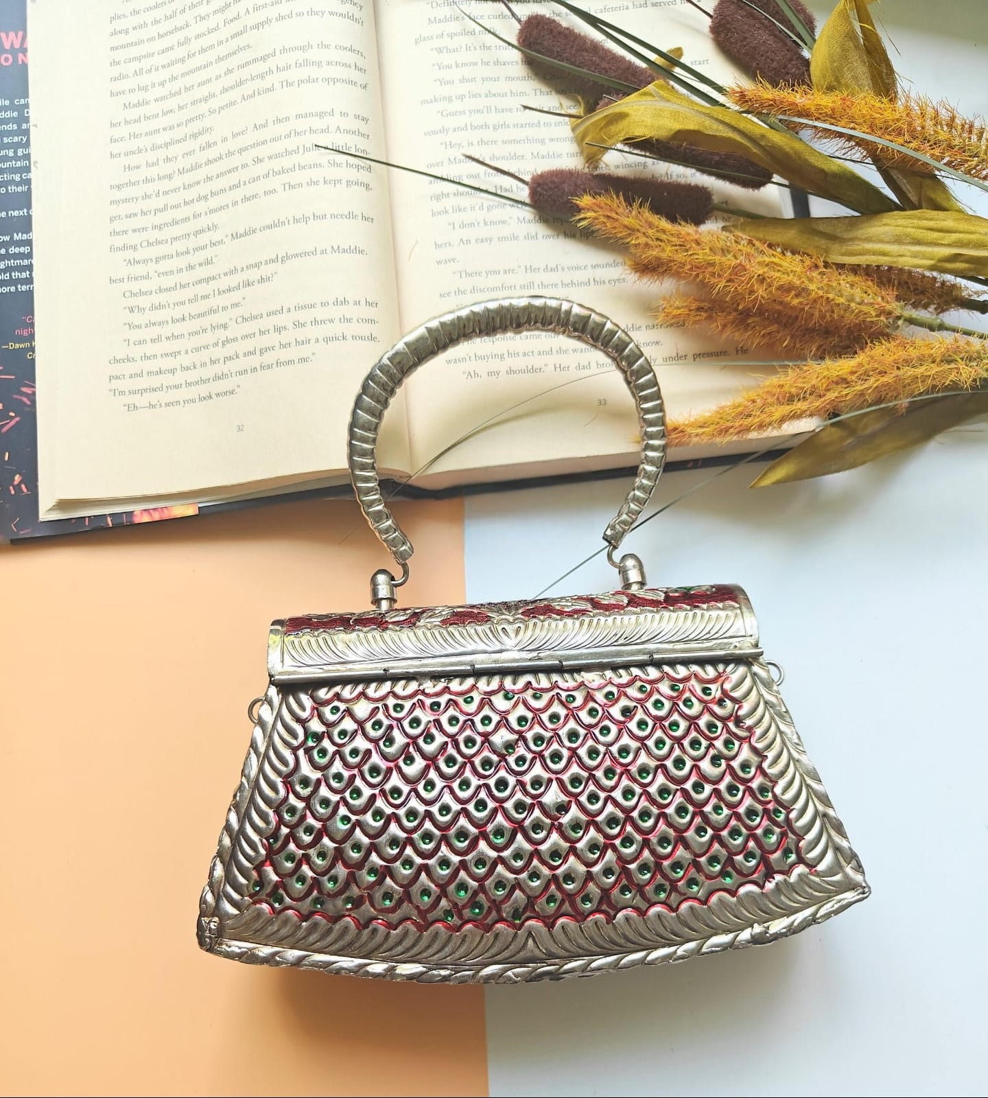 Antique silver brass wedding clutch with red floral Meena work