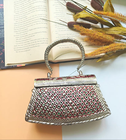 Antique silver brass wedding clutch with red floral Meena work
