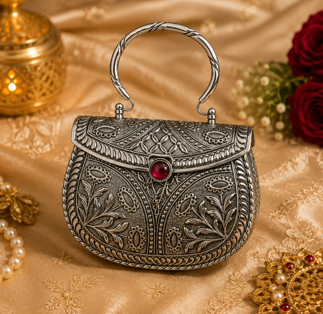 Antique silver designer ethnic clutch bag with elegant traditional styling