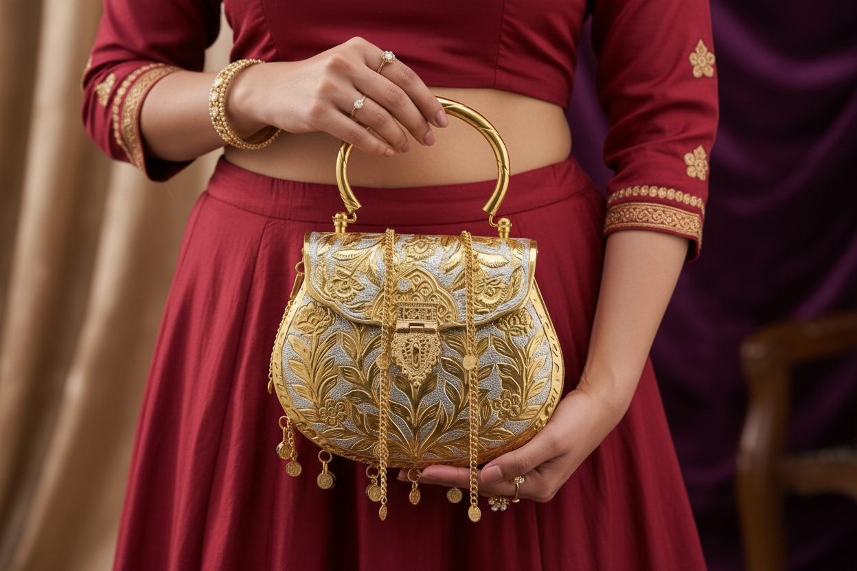 Antique silver and gold brass clutch with traditional ornamental detailing