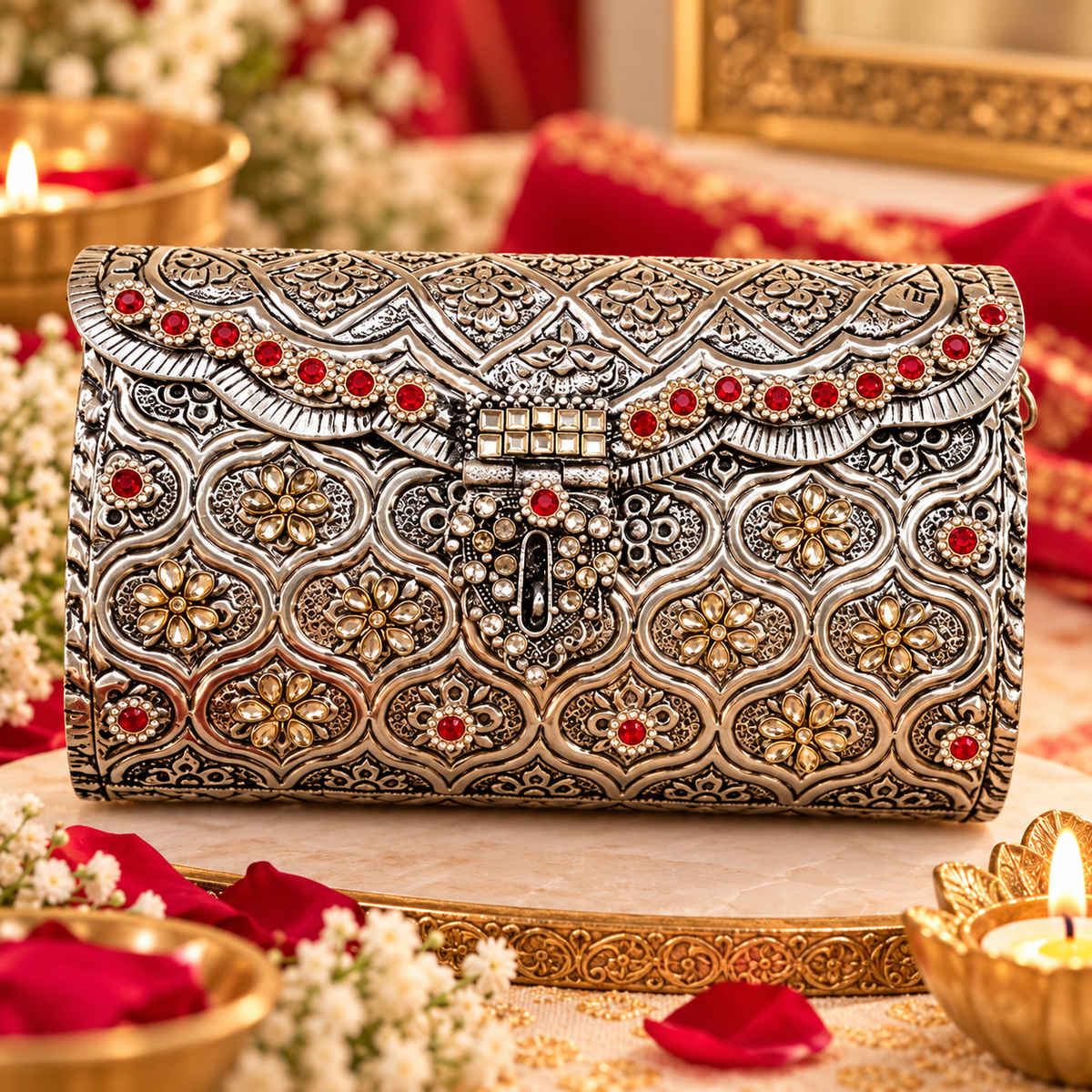 Antique silver oxidised clutch purse and bag with red stone detailing