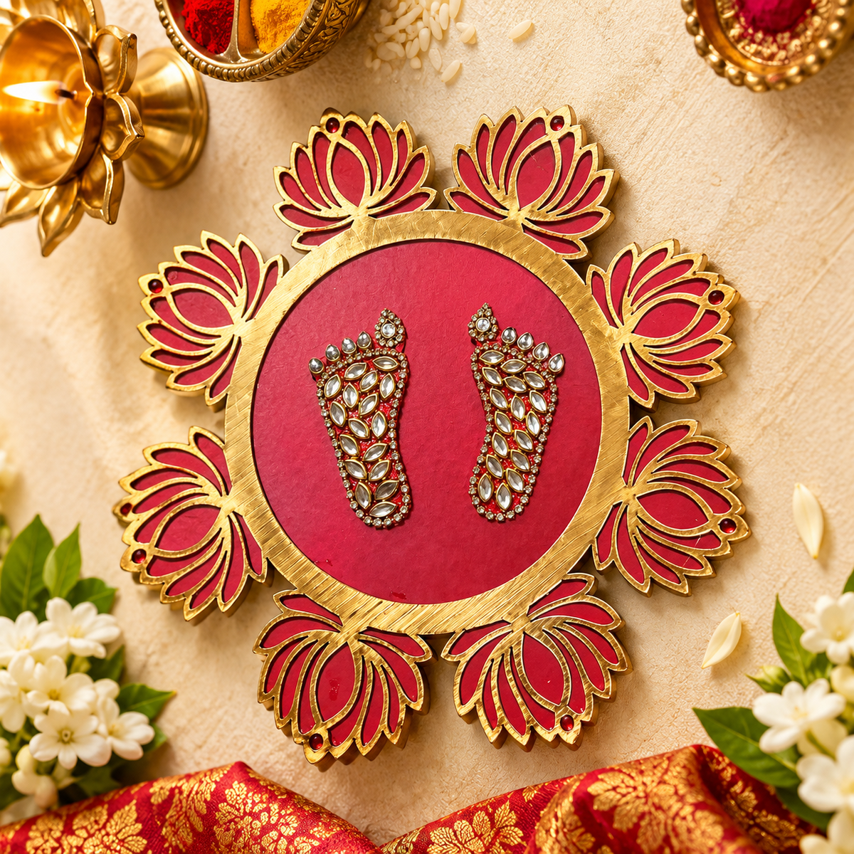 Auspicious lotus plate with Lakshmi Ji Charan for Diwali pooja decoration