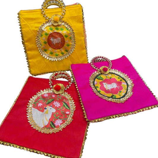 Gota work silk Gift Bags with Kamdhenu cow print pack of 1