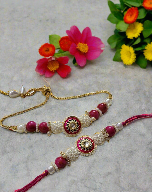 Meenakari Moti beautiful Rakhi for Bhaiya and Bhabhi color: red, blue green