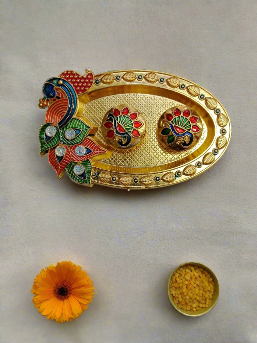 Gold plating peacock 🦚 design Sagun Roli Chawal Tilak Thali Diwali Pujan Platter/ Haldi kumkum/Housewarming Gifts Items🌹pack of 1   size:5* inch