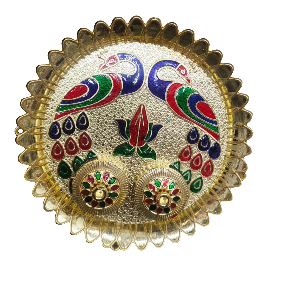 Decorative menna work mor design puja thali/plate with roli chawal dibbi 🦚 for puja/Wedding/Gifting/karwa chauth 🌹size 8.1*inch