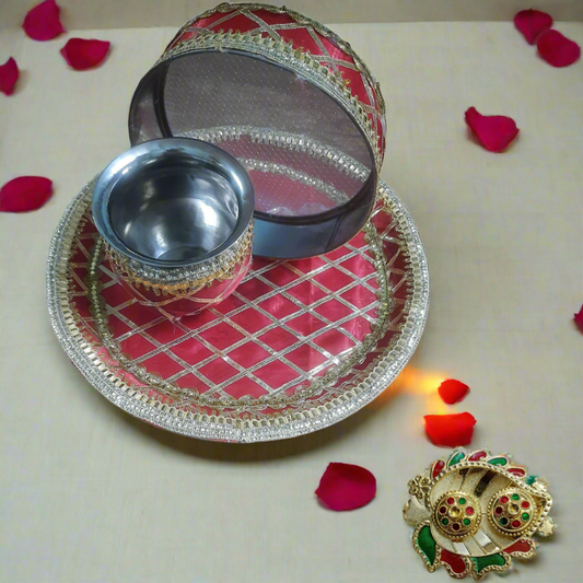 Gota lace work designer karwa chauth traditional  puja thali 🌹 steel  size 12* inch  free gift rolli chawal platter size 4*inch