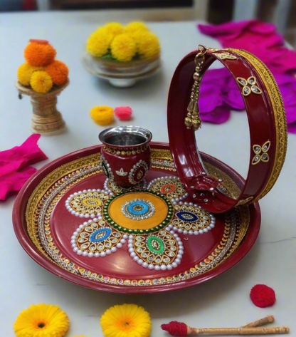 Karwa chauth traditional decorative puja thali / diya / kalash/ lota/ chalni 💫 size 14*inch steel
