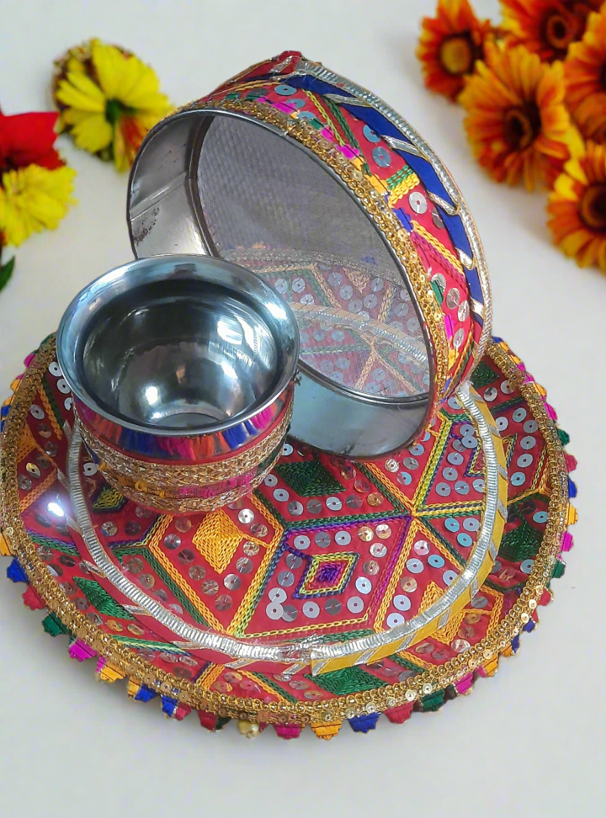 Sequence embroidery work karwa chauth puja thali set 🌹  steel  12*inch  free gift rolli chawal platter size 4* inch
