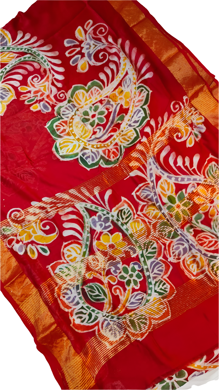 Handpainted Batik Chanderi Silk Saree – Pure Silk with Artistic Pallu & Blouse