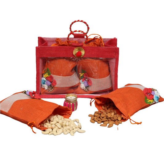 Diwali/Bhai dooj Special dryfruits gift hamper/ premium quality kaju 240 big size 300g/ 300g badam packed with beautiful transparent floral jute bags and diya 🪔