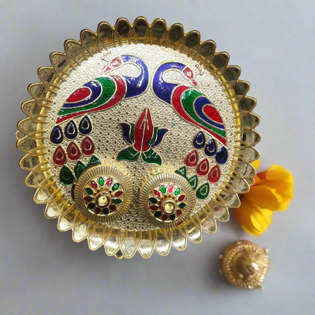 Decorative menna work mor design puja thali/plate with roli chawal dibbi 🦚 for puja/Wedding/Gifting/karwa chauth 🌹size 8.1*inch