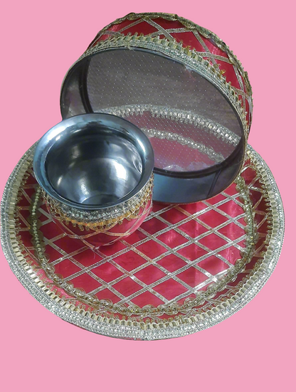 Gota lace work designer karwa chauth traditional  puja thali 🌹 steel  size 12* inch  free gift rolli chawal platter size 4*inch