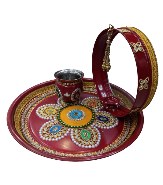 Karwa chauth traditional decorative puja thali / diya / kalash/ lota/ chalni 💫 size 14*inch steel