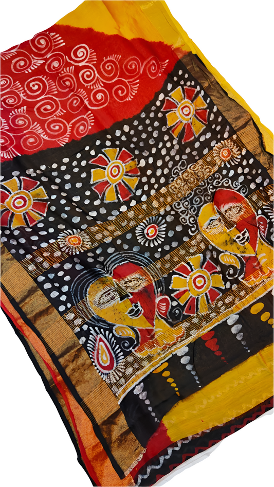 Handpainted Batik Chanderi Silk Saree – Pure Silk with Artistic Pallu & Blouse