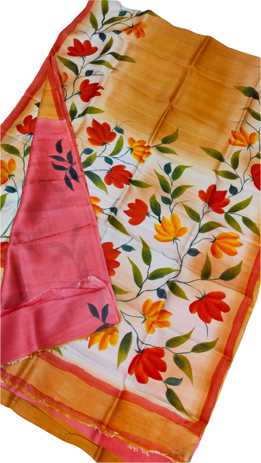 Red orange floral and long printed border Bishnupuri silk saree