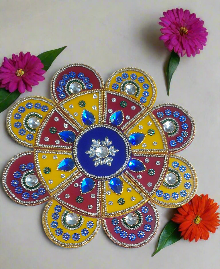 Handcrafted acrylic  with creative design kundan work with bright colors beautiful reusable rangoli set 💫 size 9* inch