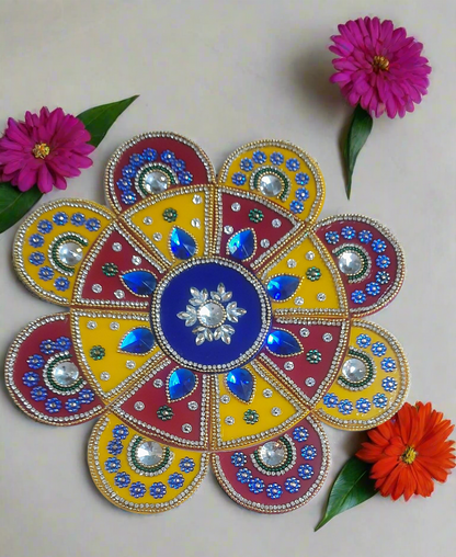 Handcrafted acrylic  with creative design kundan work with bright colors beautiful reusable rangoli set 💫 size 9* inch