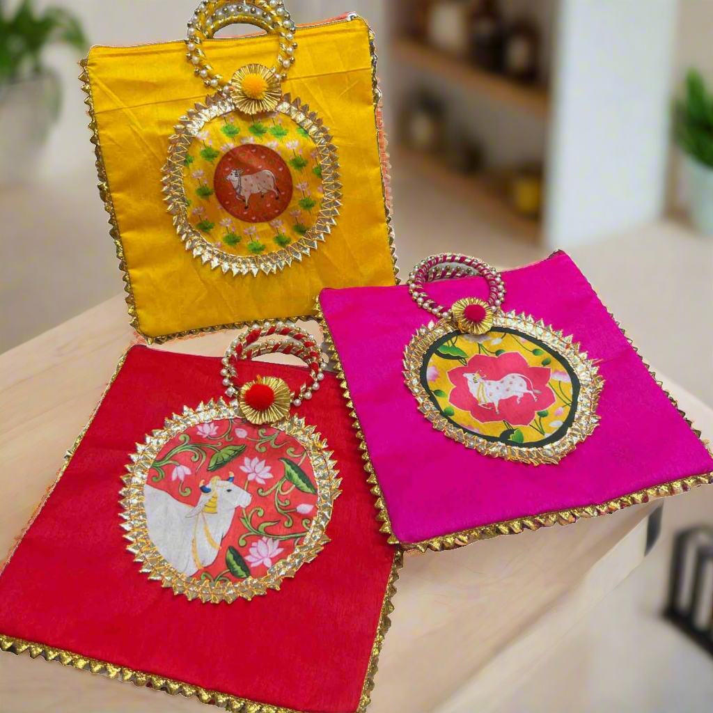 Gota work silk Gift Bags with Kamdhenu cow print pack of 1