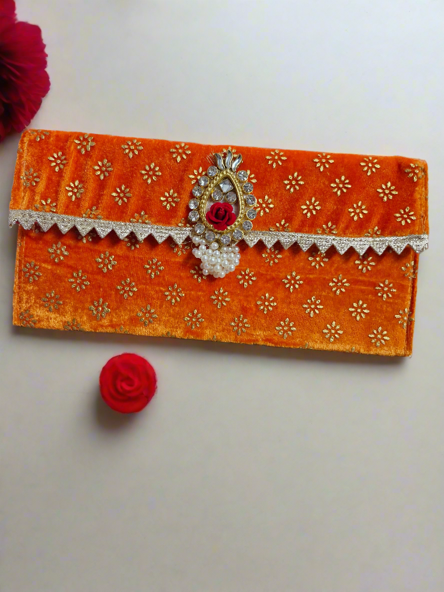 Velvet with flower brooch elegant Money envelope pack of 4